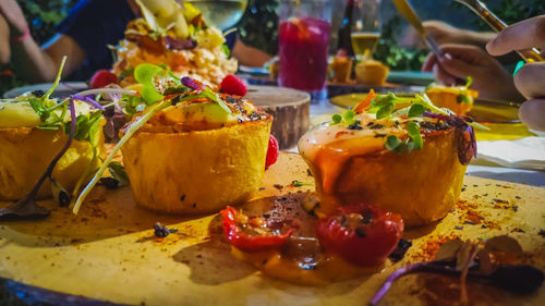 Close-up of fruits served on table