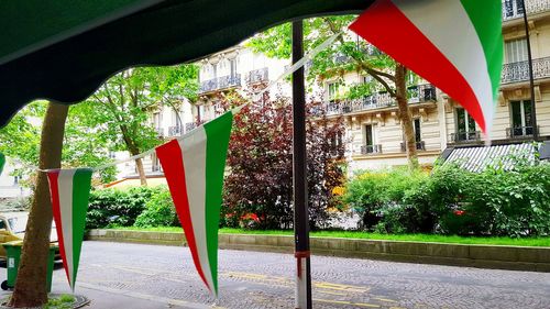 Red flags hanging on tree against built structure