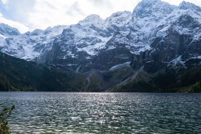 Scenic view of lake and mountains against sky