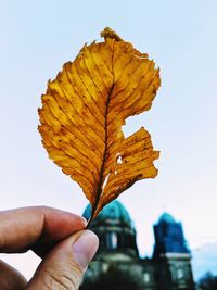 Close-up of hand holding autumn leaf against sky