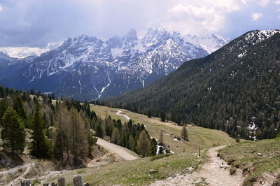 Scenic view of snowcapped mountains against sky