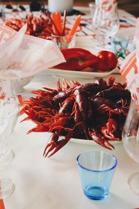 High angle view of crayfish on table at a party 