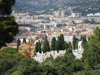 High angle view of buildings in city