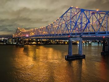 Illuminated bridge over river against sky in city