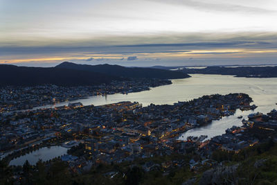 High angle view of bergen city in norway at sunset