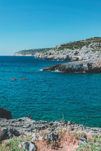 Scenic view of sea against clear blue sky