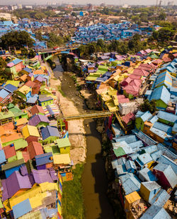 High angle view of multi colored buildings in city
