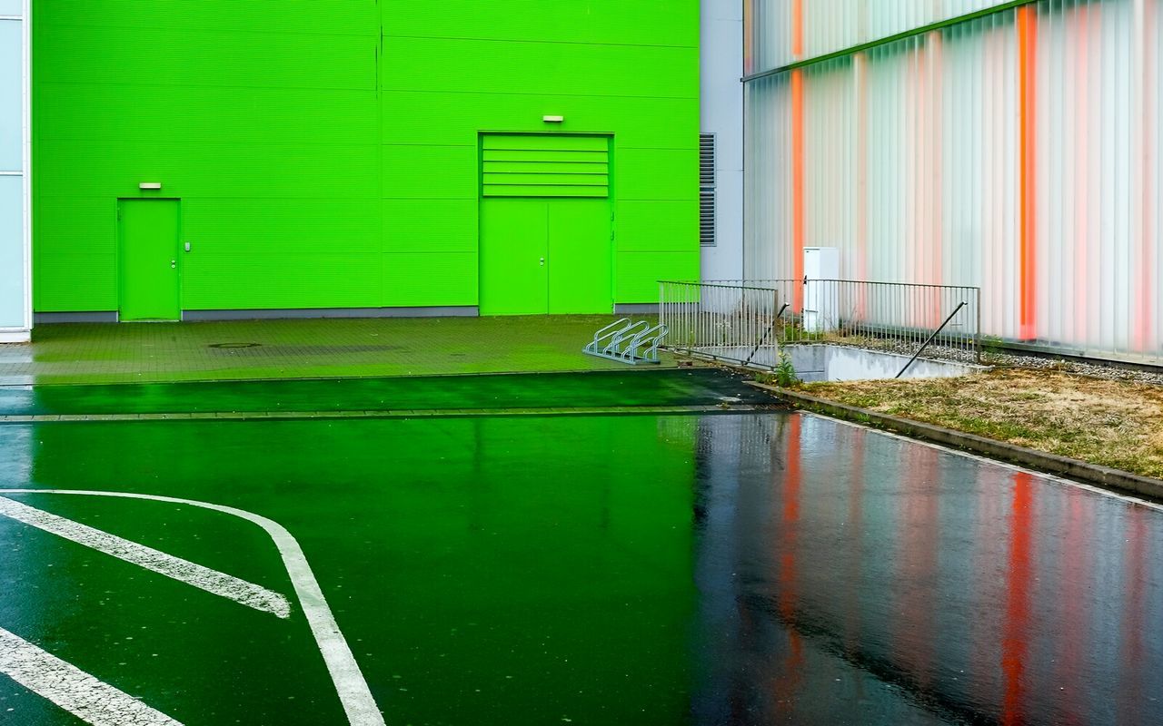 built structure, architecture, building exterior, green color, wall - building feature, railing, day, no people, wall, safety, metal, protection, outdoors, building, steps, blue, closed, green, security, pattern