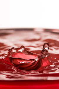 Close-up of drop on water against white background