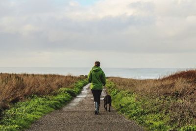 Rear view of man walking with dog on beach