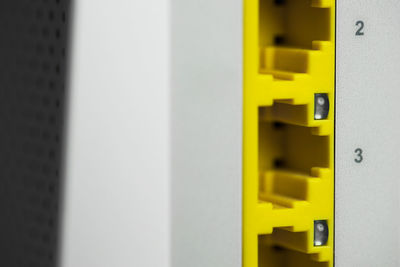 Close-up of yellow text on door