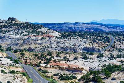 High angle view of city against clear blue sky