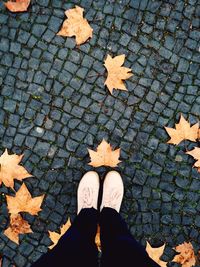 Low section of woman standing on street during autumn