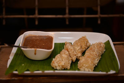 High angle view of food served in plate on table