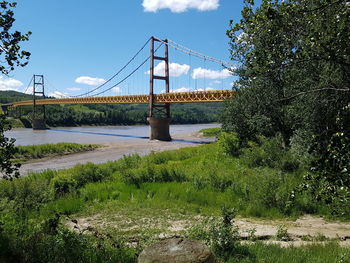 View of suspension bridge over river