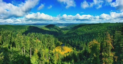 High angle view of trees on landscape against cloudy sky