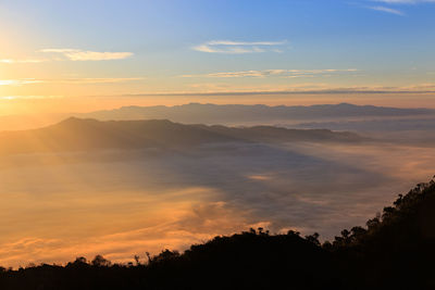 Scenic view of silhouette mountains against sky during sunset