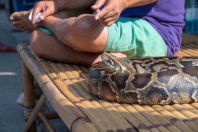 Low section of man sitting with snake