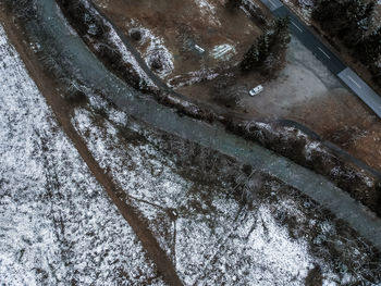 High angle view of snow on water