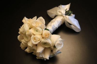 Close-up of white roses against black background