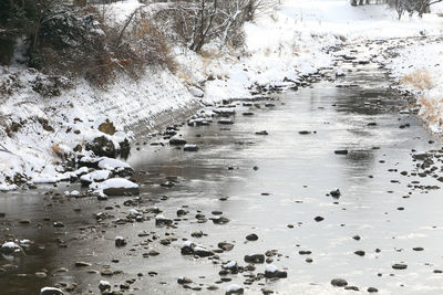 High angle view of frozen water on land