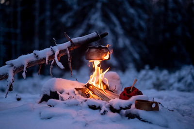 Coffee made over a woodfire in the forests in winter