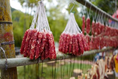 Close-up of bundle of dried meat sticks