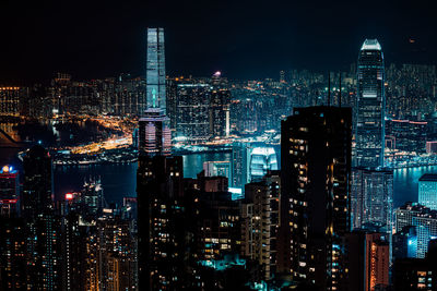 Illuminated cityscape against sky at night