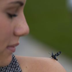 Close-up of insect on woman against blurred background