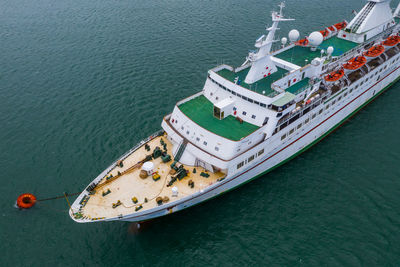 High angle view of ship moored in sea