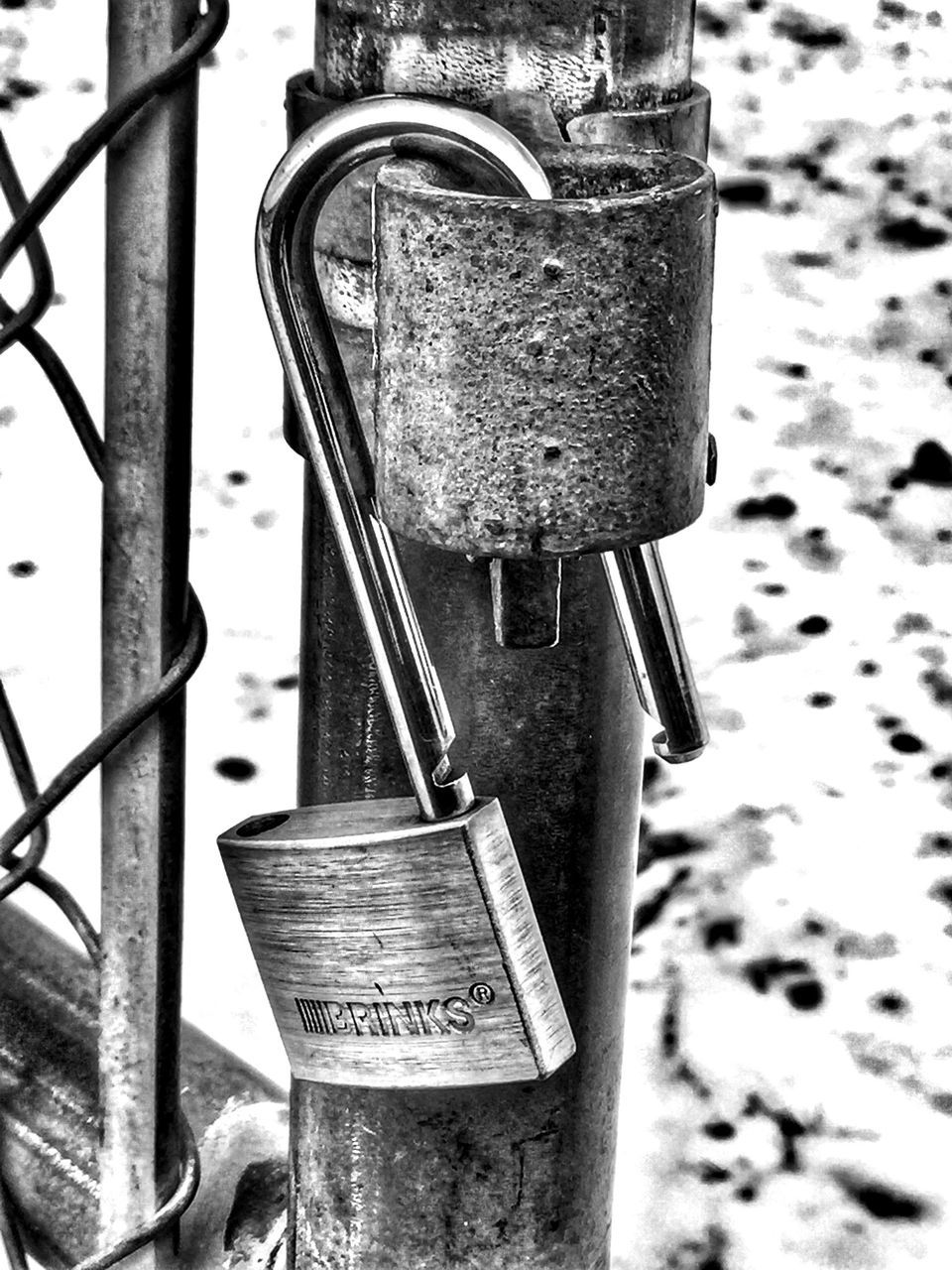 metal, focus on foreground, close-up, metallic, safety, protection, security, padlock, rusty, lock, pole, chain, day, fence, outdoors, no people, cold temperature, attached, snow, hanging
