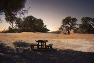Empty chairs and table against trees at sunset
