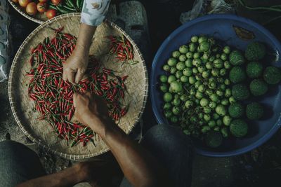 Directly above shot of people holding red chilis