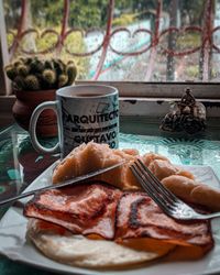 High angle view of breakfast on table