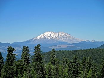 Scenic view of mountains against clear blue sky