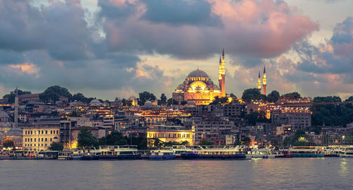 Buildings in city at sunset