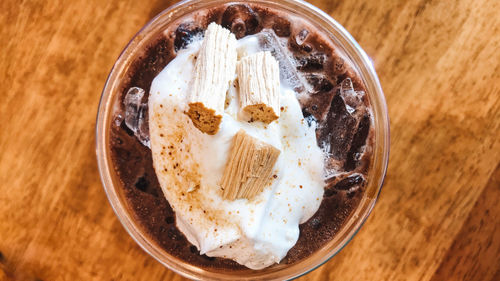 High angle view of ice cream on table