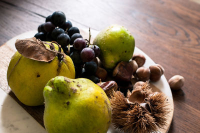 High angle view of grapes on table