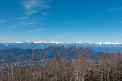 Scenic view of snowcapped mountains against blue sky