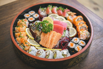 High angle view of sushi served on table