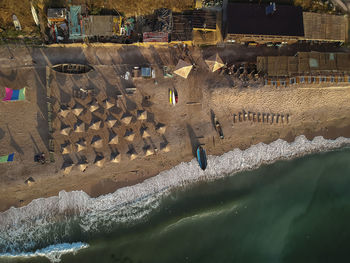 Aerial view of beach umbrellas on seashore