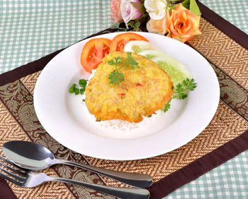 High angle view of breakfast served on table