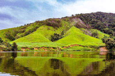 Scenic view of lake by mountains against sky