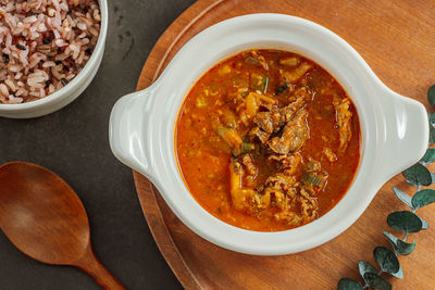 High angle view of soup in bowl on table