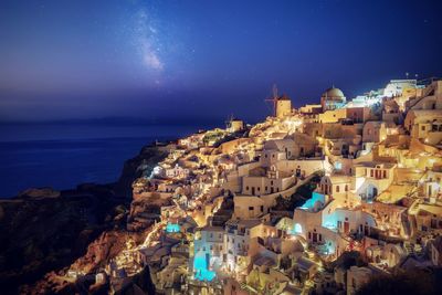 High angle view of houses at night