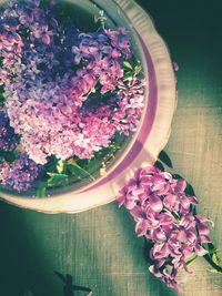 High angle view of flowers in vase on table