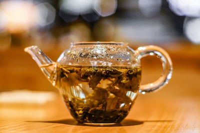 Close-up of tea in glass on table