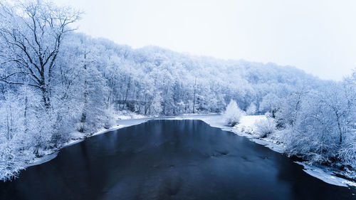 Scenic view of river against clear sky during winter