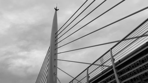 Low angle view of suspension bridge against cloudy sky