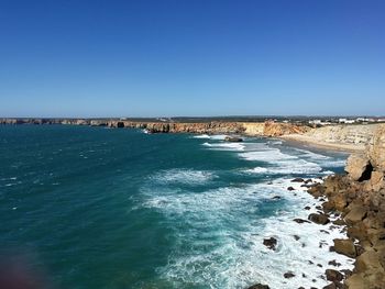 Scenic view of sea against clear blue sky